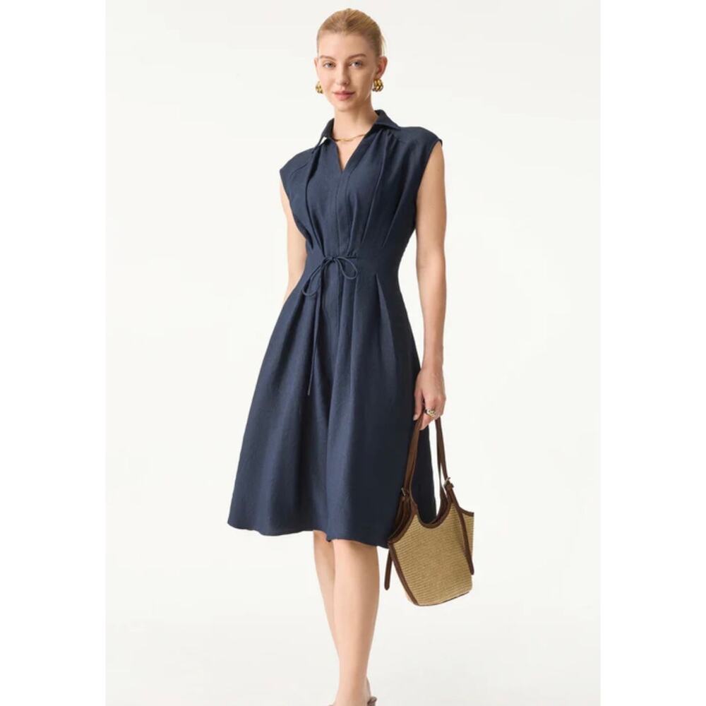 Brand New OGL Viscose-Linen Collared V-neck Midi Dress with Drawstring XL